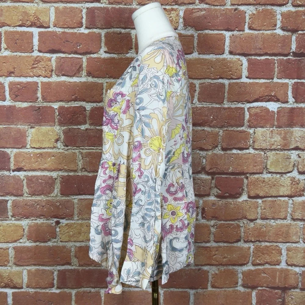 Maeve By Anthropologie Long Sleeve Blouse Women Size 6 V Neck Ivory Floral‎ Boho